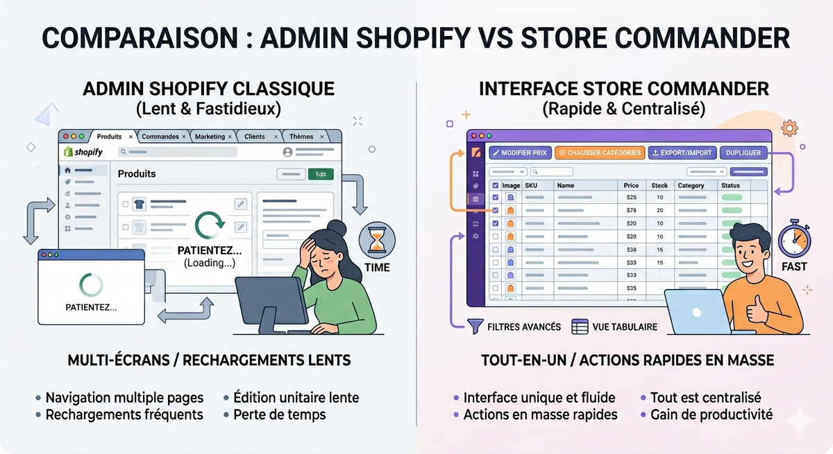 Comparaison Shopify admin vs Store Commander
