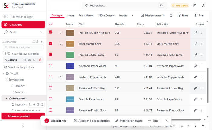 Interfaz de Store Commander para PrestaShop 9